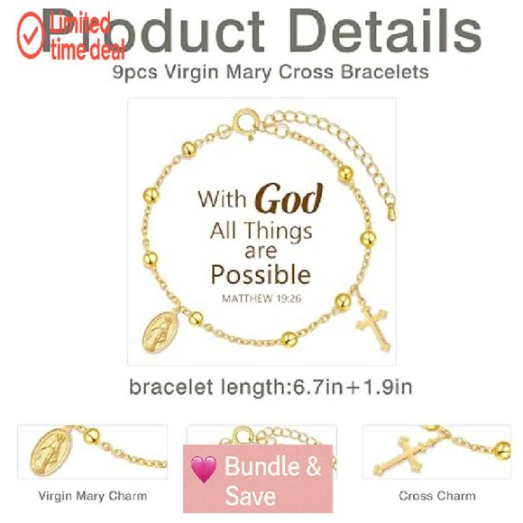 9pc Virgin Mary Cross Bracelet Set Adjustable 18K Gold Plated Religious Jewelry - Picture 3 of 8